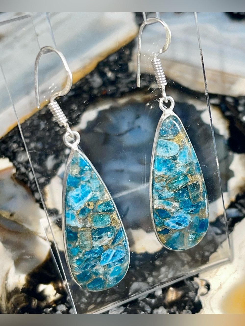 Blue Apatite in Copper Crystal Earrings 2 1/4”